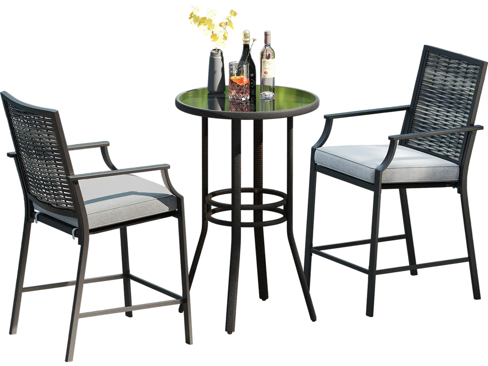 Counter height rattan bar chairs set of 2 with armrests, grey cushions, perfect for poolside relaxation.