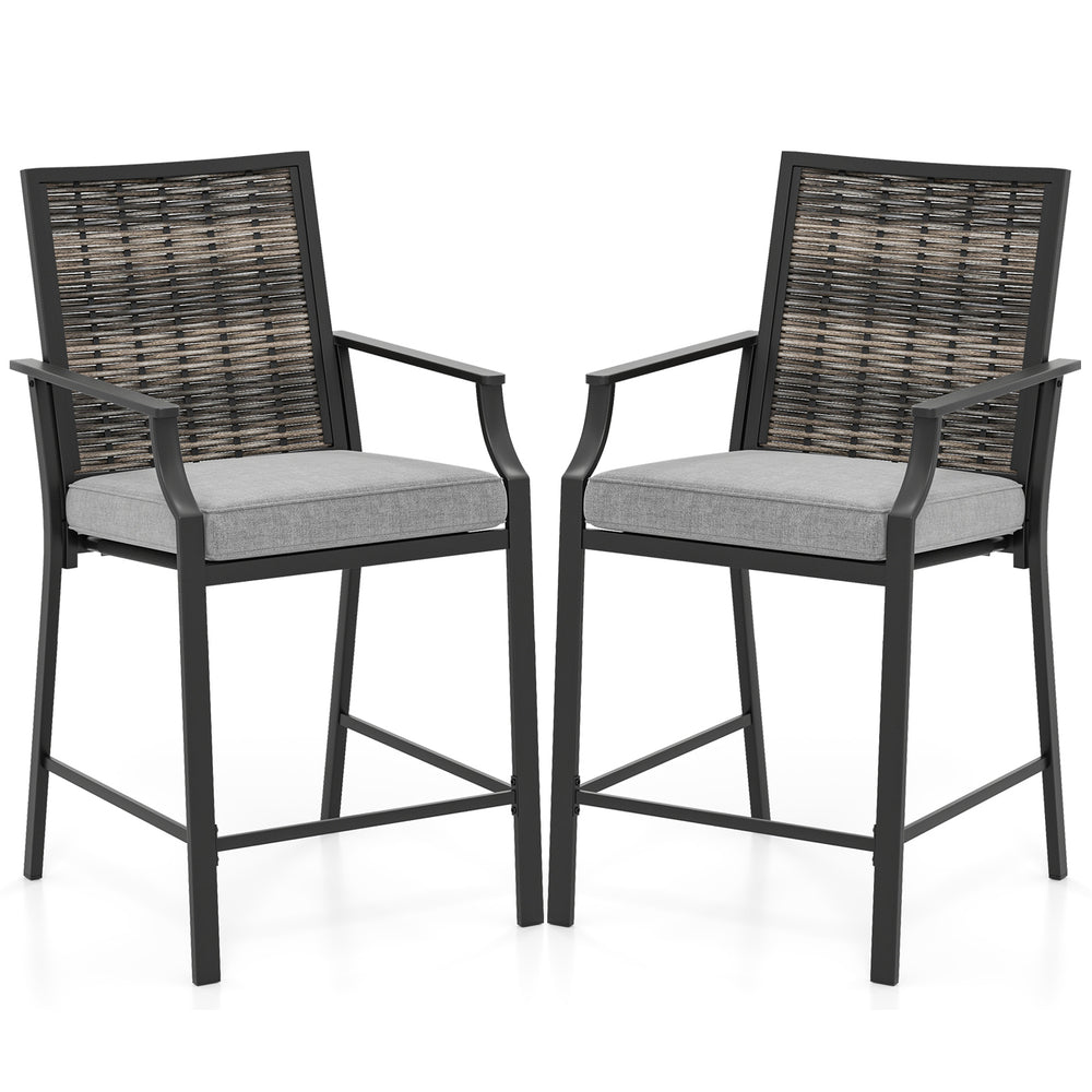 Counter height patio bar stools set of 2 with grey cushions and woven rattan back, perfect for backyard relaxation.