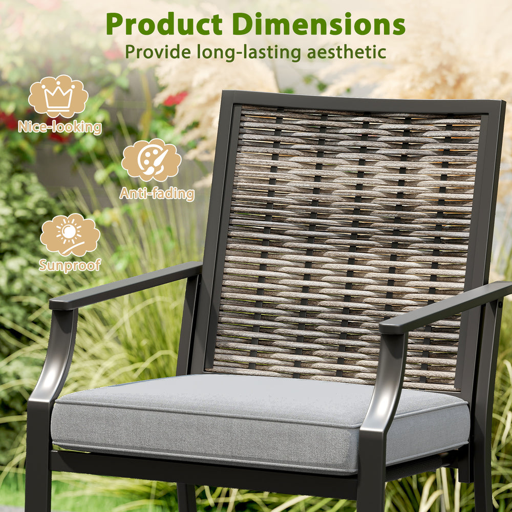 Counter height rattan bar chair with armrest in grey, featuring a durable woven back for outdoor relaxation.