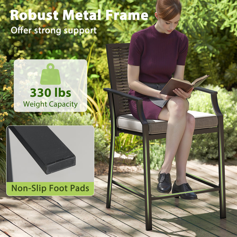 Counter height rattan bar chair with armrest, grey fabric, robust metal frame, ideal for backyard or poolside.