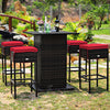 5-piece patio rattan bar set with red cushioned stools and hidden storage, perfect for outdoor leisure at poolside or.