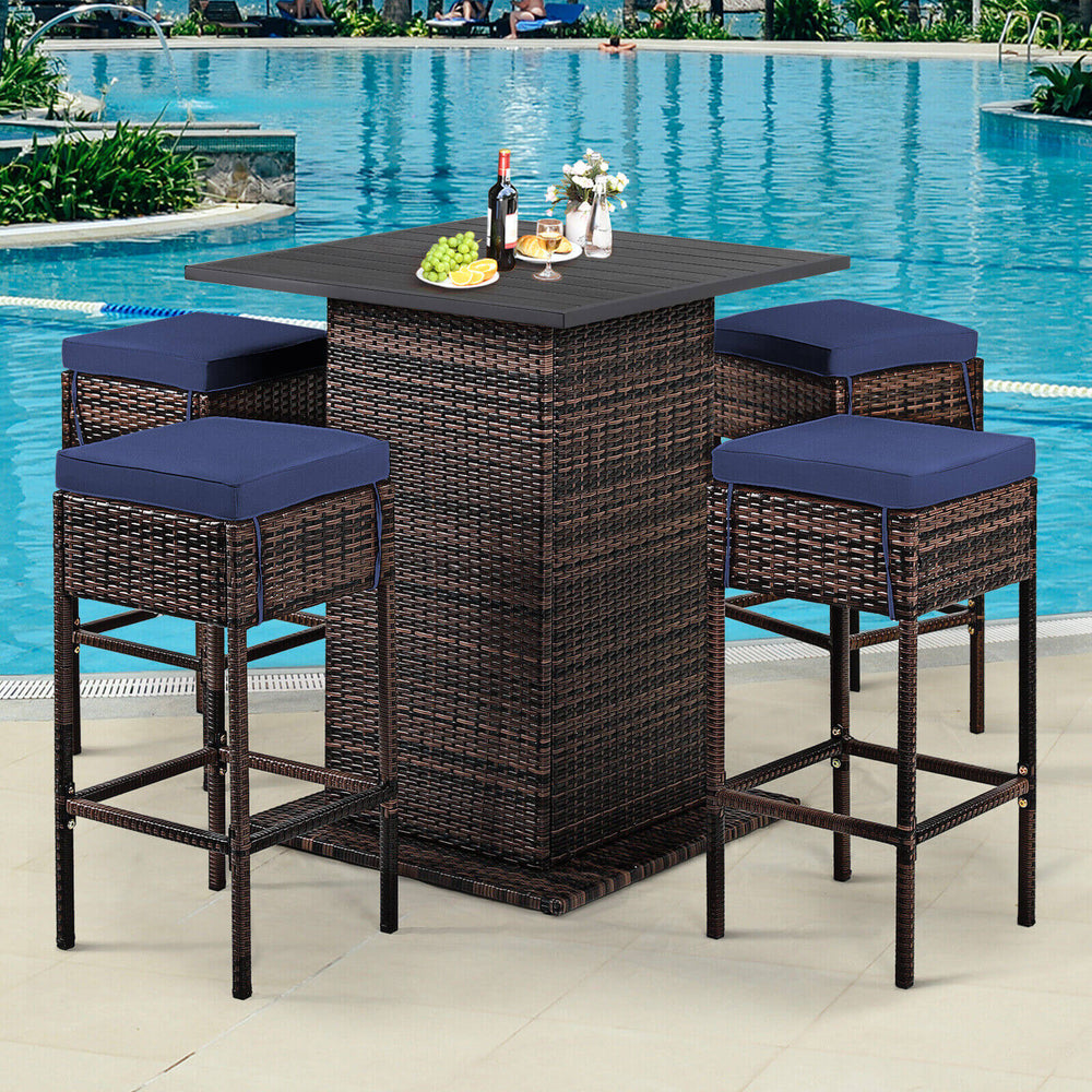 5 Pieces Patio Rattan Bar Table Stool Set Hidden Storage Shelf Cushioned-Navy - Gallery View 1 of 10