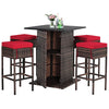 5-piece patio rattan bar set with red cushioned stools and hidden storage, perfect for outdoor leisure at poolside or.