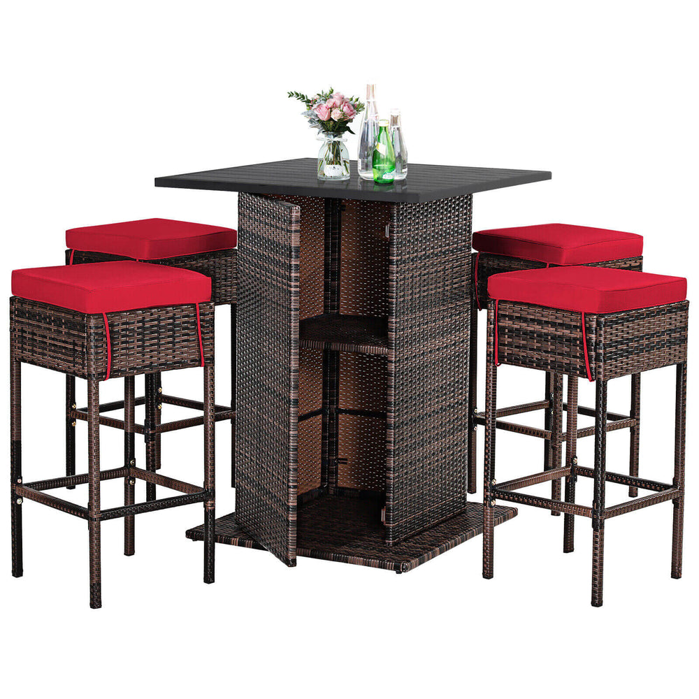 5-piece patio rattan bar set with red cushioned stools and hidden storage, perfect for outdoor leisure at poolside or.