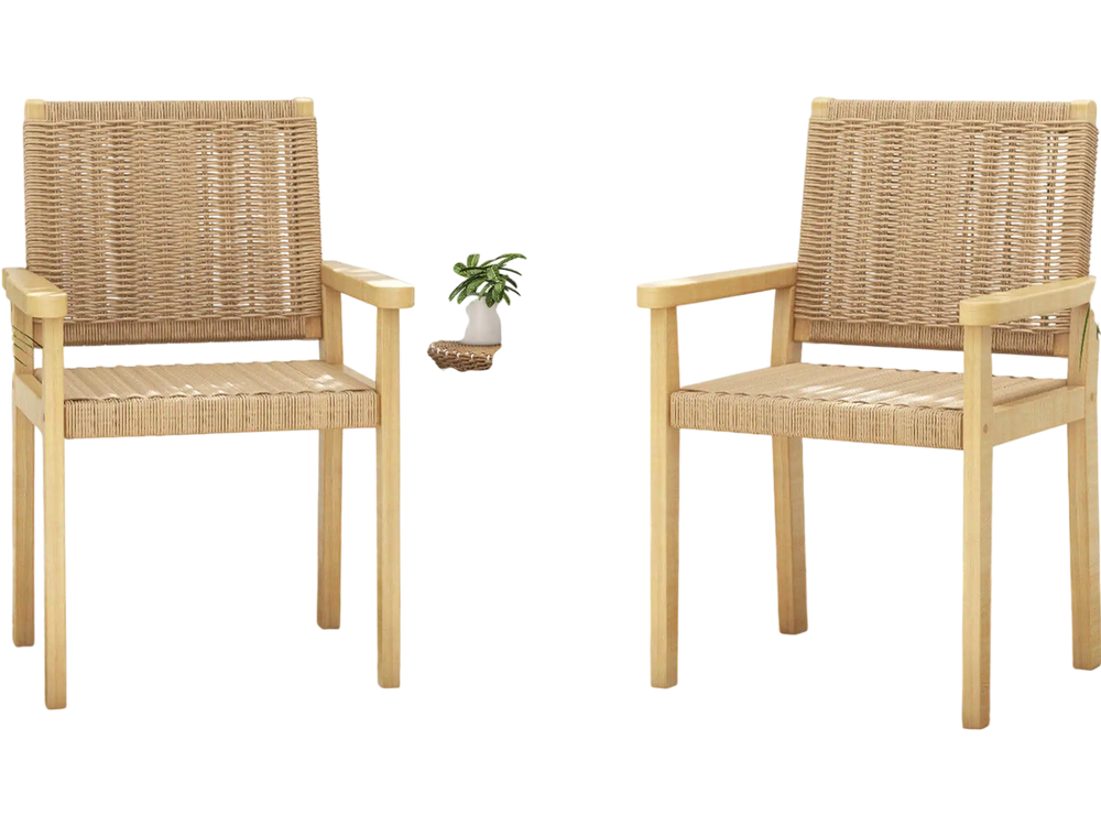 Natural wood chair set of 2 with woven paper rope, perfect for backyard or balcony relaxation.