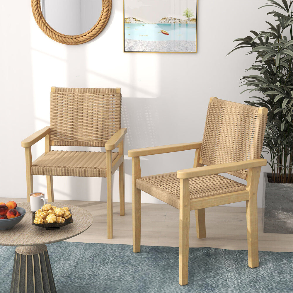 Natural wood chair set of 2 with woven paper rope, perfect for indoor or outdoor use in living rooms or patios.