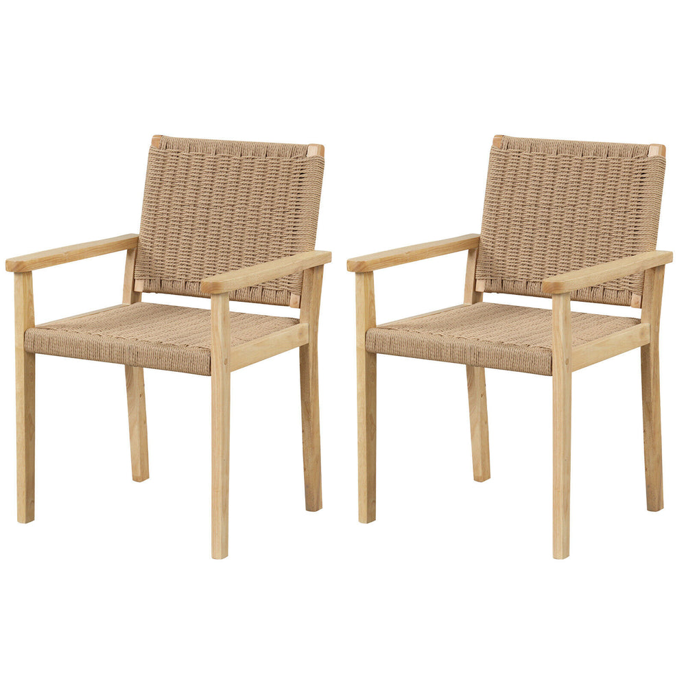 Set of 2 natural wood chairs with woven paper rope seats, perfect for indoor or outdoor use in various settings.