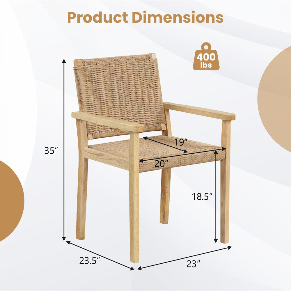 Natural wood chair dimensions with woven paper rope seat, sturdy frame supports 400 lbs, ideal for indoor and outdoor.