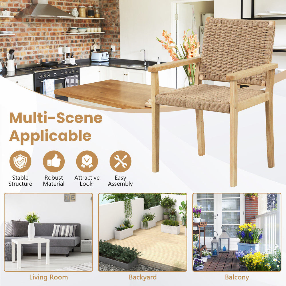 Natural wood chair with woven paper rope, sturdy design for indoor or outdoor use, ideal for living room or balcony.