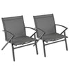 Set of 2 grey patio chairs with heavy-duty metal frame, contoured backrests, and curved armrests for outdoor comfort.