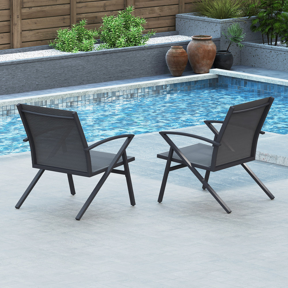 Set of 2 grey patio chairs with heavy-duty metal frame, featuring breathable fabric, ideal for outdoor relaxation by.