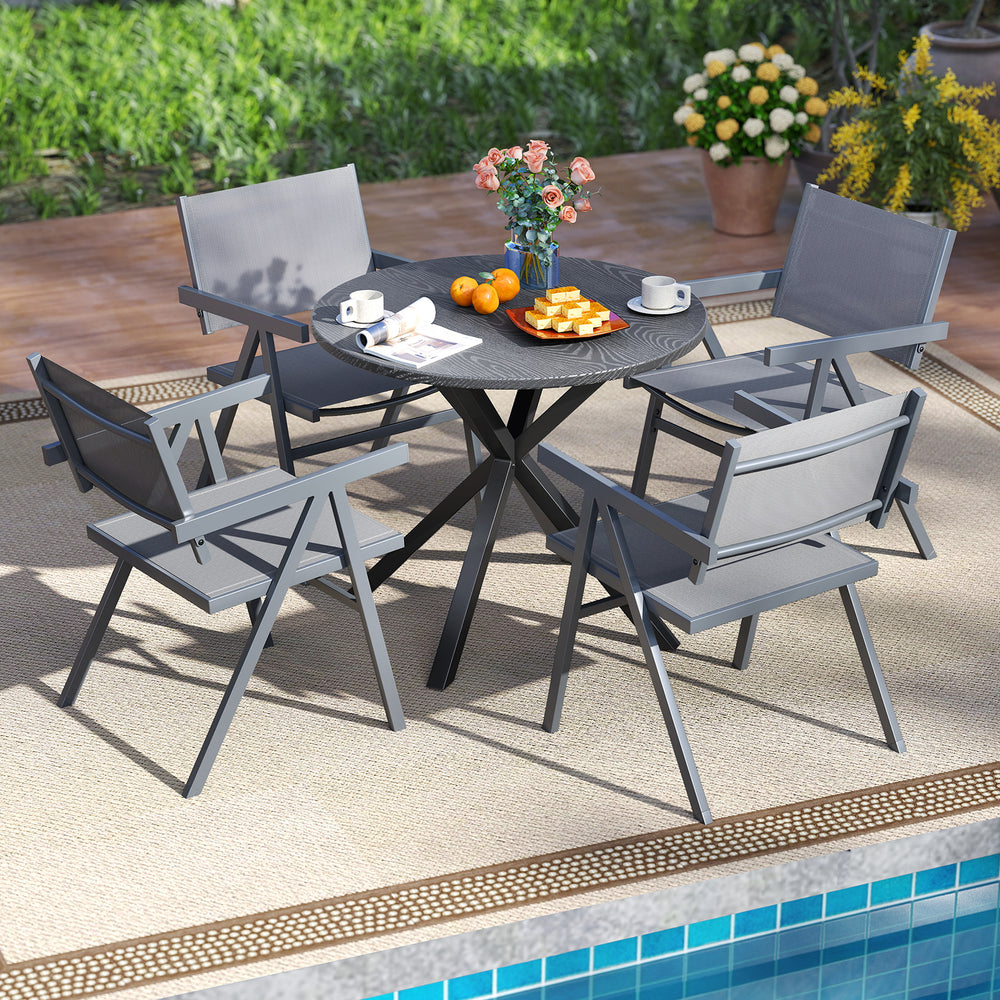 Set of 2 outdoor dining chairs with breathable fabric seats and sturdy metal frames, ideal for patio or poolside use.