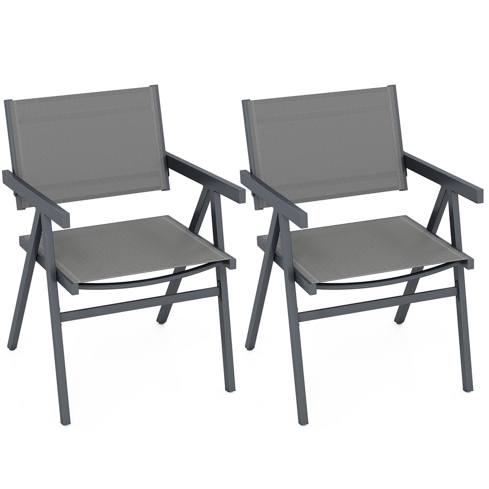 Set of 2 outdoor patio chairs with breathable fabric seats and sturdy metal frames, perfect for dining or relaxation.