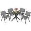 Set of 2 outdoor dining chairs with breathable fabric seats and sturdy metal frames, perfect for patios and poolsides.