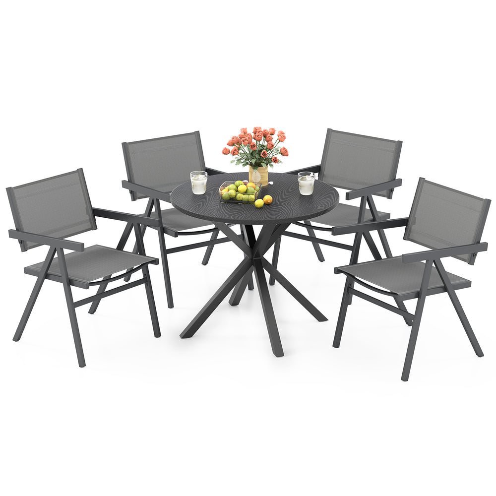 Set of 2 outdoor dining chairs with breathable fabric seats and sturdy metal frames, perfect for patios and poolsides.