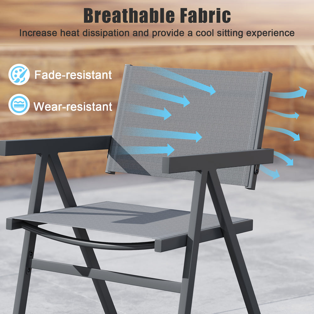 Breathable fabric outdoor dining chair with comfy armrests, fade-resistant material, ideal for patios and poolsides.