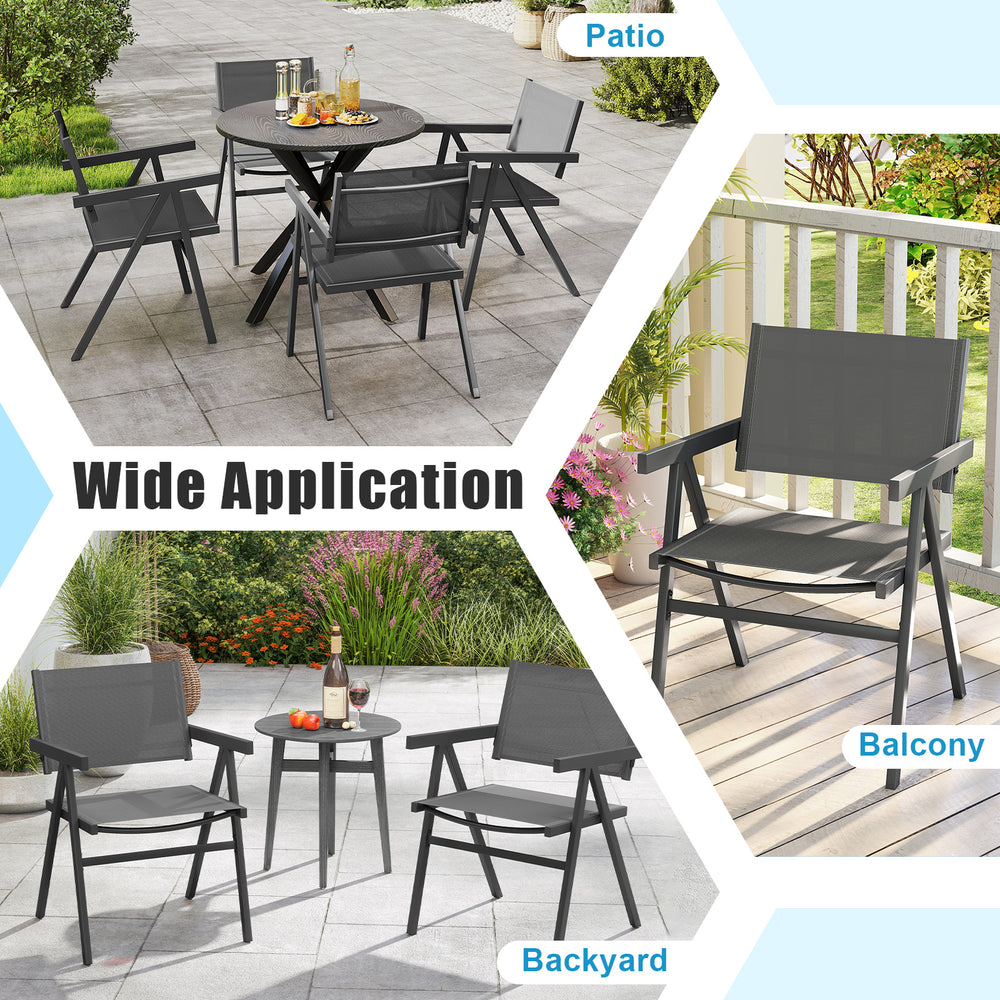 Set of 2 outdoor dining chairs with breathable fabric seats, sturdy metal frame, ideal for patio and balcony use.