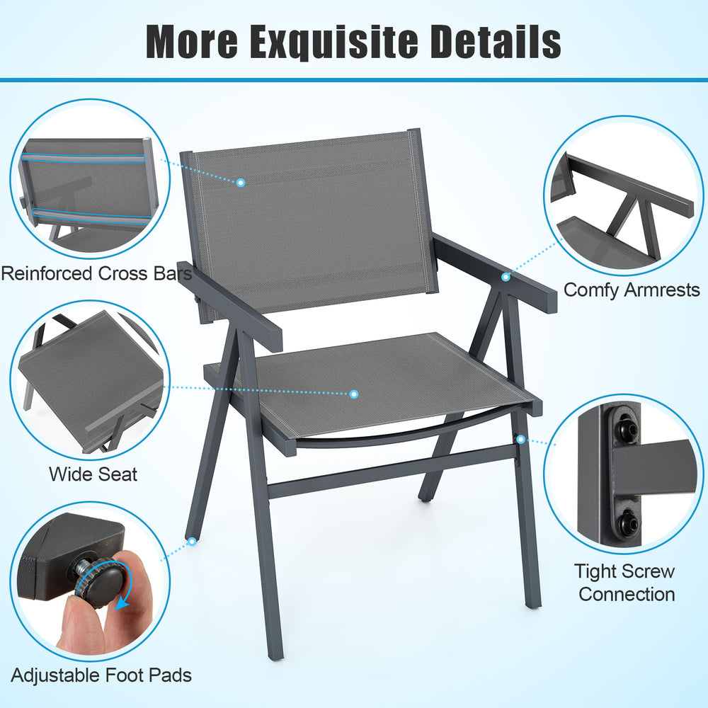 Patio dining chair with breathable fabric seat, comfy armrests, and sturdy metal frame for outdoor relaxation.