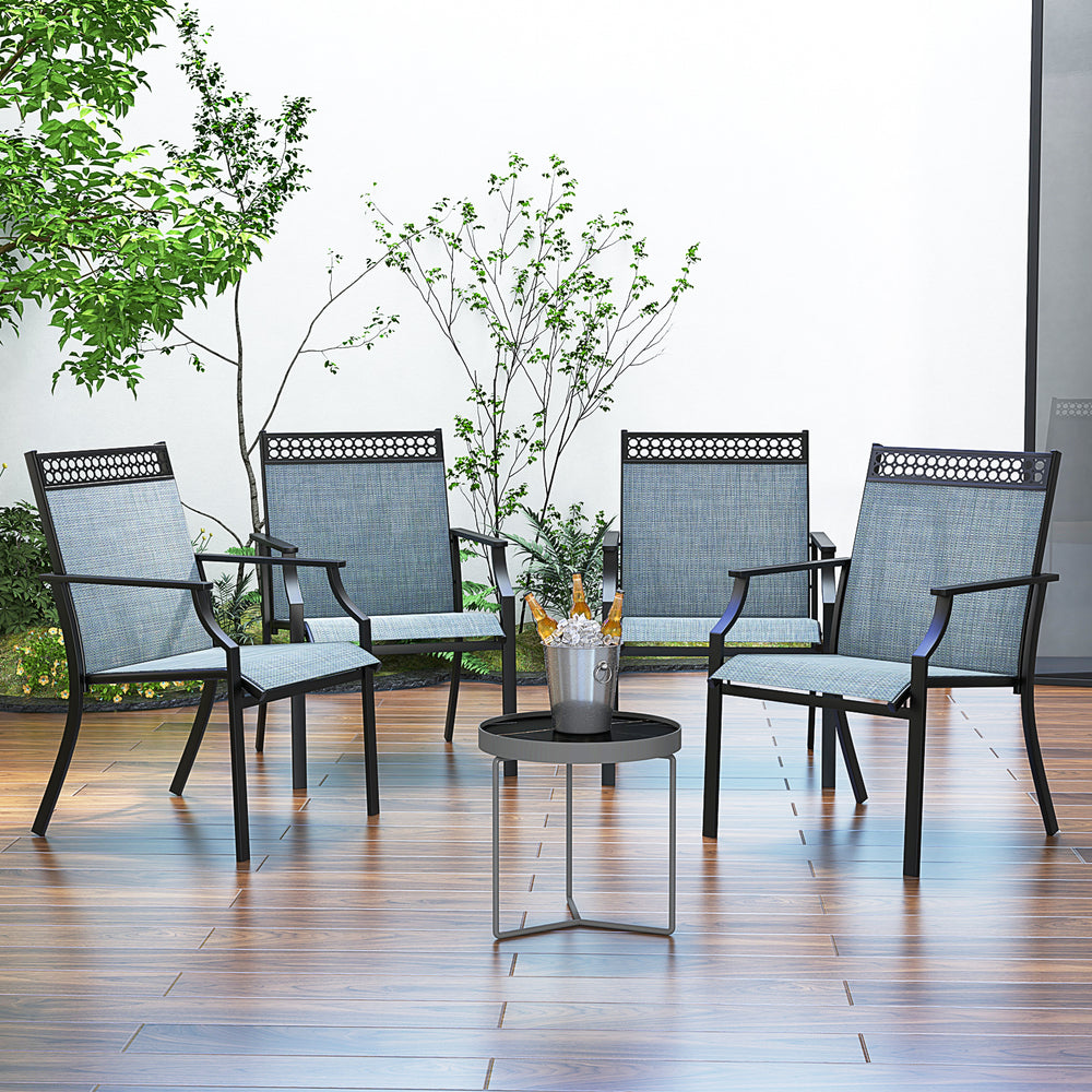 Set of 2 patio chairs with breathable blue fabric and durable metal frame, perfect for poolside or patio relaxation.