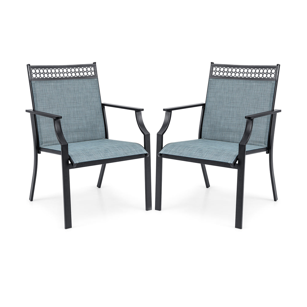 Set of 2 patio chairs with breathable blue fabric, durable frame, ideal for poolside or patio relaxation.