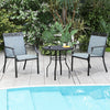 Two patio chairs with breathable blue fabric and a small table, perfect for poolside relaxation and outdoor settings.