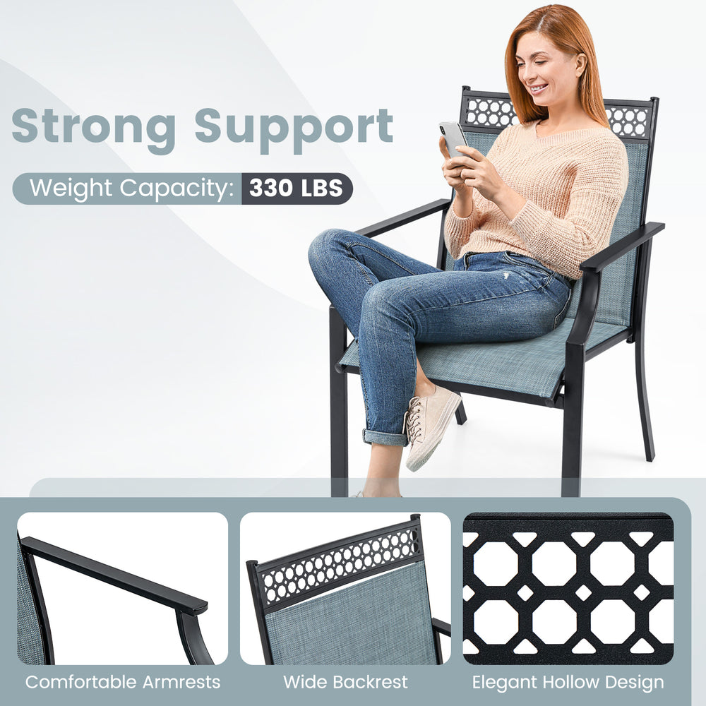Patio chair with breathable blue fabric, strong support for 330 lbs, featuring comfortable armrests and wide backrest.