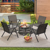 Gray patio chairs set of 2 with breathable mesh fabric, ideal for outdoor relaxation around a fire pit.