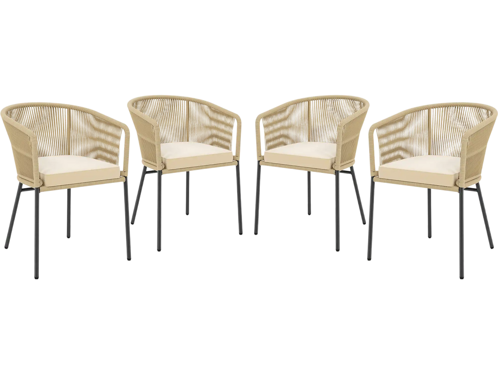 Set of 4 patio chairs with curved backrest and seat cushions in yellow, designed for comfort and relaxation outdoors.