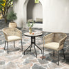 Curved backrest patio chairs set with cushions, yellow fabric, perfect for outdoor relaxation and support.