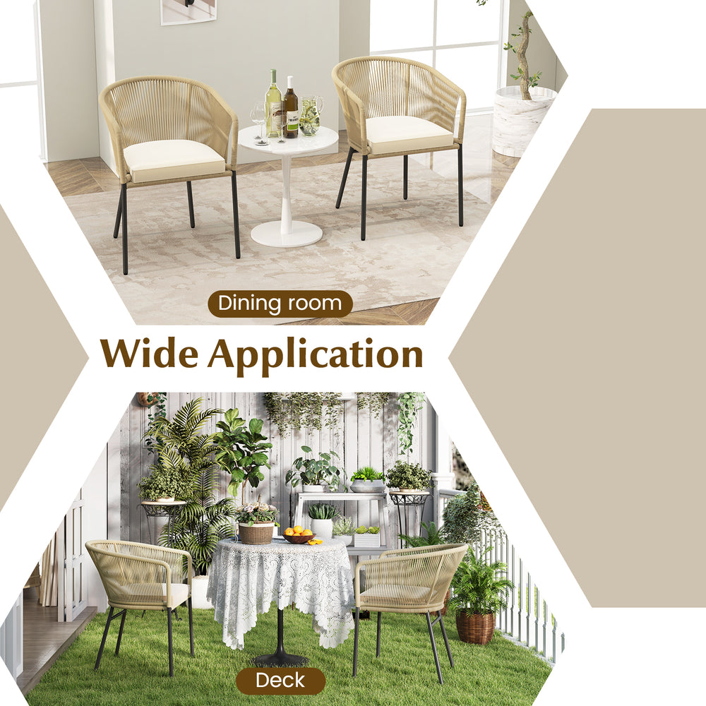 Patio chairs set of 4 with curved backrest and seat cushions, perfect for dining room or deck relaxation.