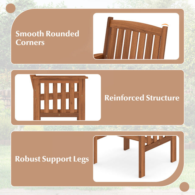 Close-up of solid wood patio chair showing slatted seat, inclined backrest, and robust support legs for outdoor use.