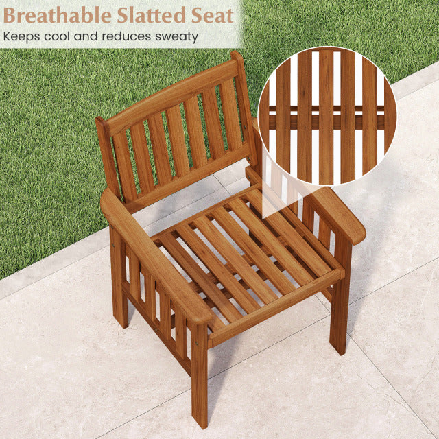 Solid wood patio chair with slatted seat and inclined backrest, promoting ventilation for outdoor comfort.