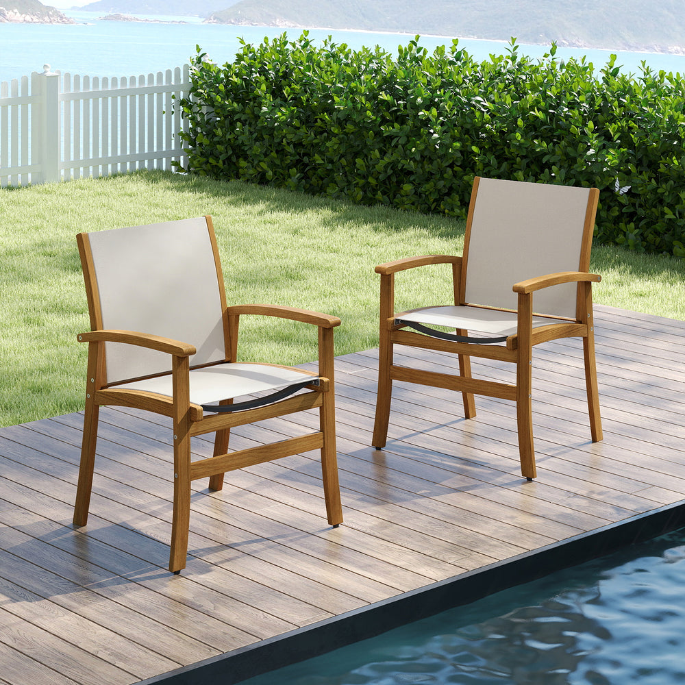 Patio Chairs Set of 2 Acacia Wood Armchairs with Breathable Fabric Back and Seat-Yellow - Gallery View 1 of 6