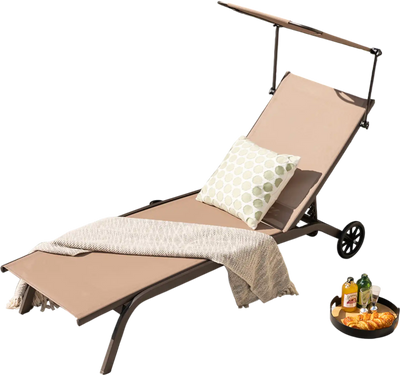 Costway Patio Adjustable Chaise Lounge Chair w/ Canopy Cup Holder Wheels Brown 91372654 New