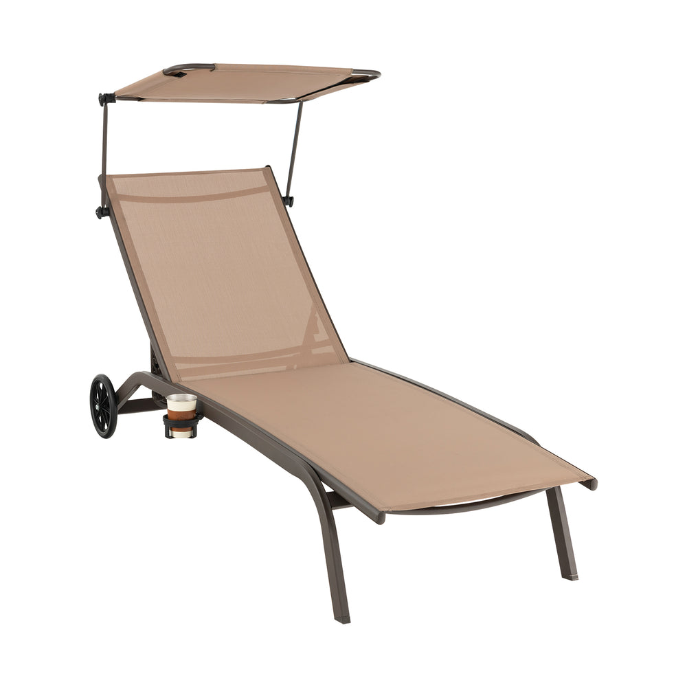 Adjustable brown chaise lounge chair with canopy, cup holder, and wheels, perfect for poolside or backyard relaxation.