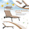 Adjustable chaise lounge chair with rotatable canopy, cup holder, and wheels in brown for backyard or poolside.