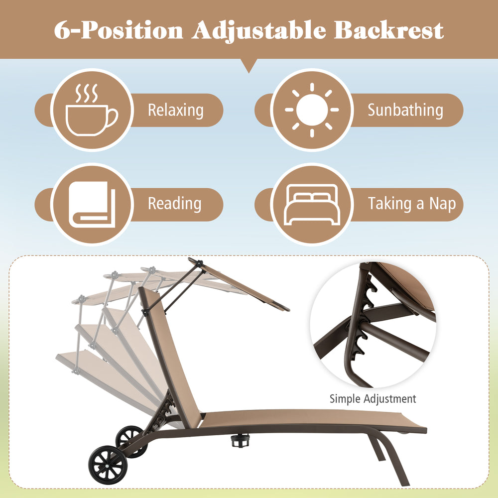 Adjustable chaise lounge chair with canopy and cup holder, featuring a heavy-duty frame, ideal for poolside relaxation.