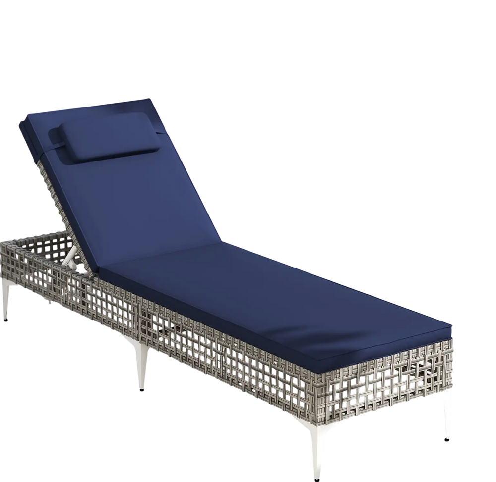 Navy patio chaise lounge chair with adjustable backrest and headrest, perfect for poolside relaxation and sunbathing.