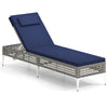 Navy patio chaise lounge chair with adjustable backrest and detachable cushion, perfect for poolside relaxation.