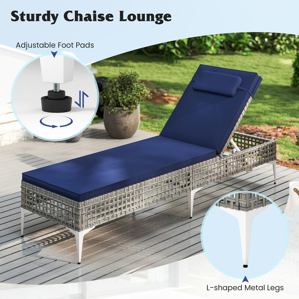 Navy patio chaise lounge chair with adjustable backrest, PE wicker, and metal legs, perfect for poolside relaxation.