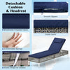 Detachable navy cushion and headrest for patio chaise lounge chair with adjustable backrest, ideal for poolside.