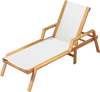 Patio chaise lounge chair with armrests, acacia wood frame, white fabric seat, ideal for backyard relaxation.