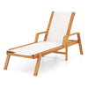 Patio chaise lounge chair with armrests, acacia wood frame, white fabric seat, perfect for backyard relaxation.