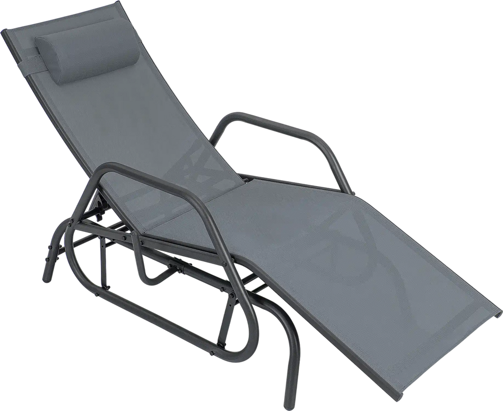 Gray outdoor chaise lounge glider chair with adjustable backrest, armrests, and removable pillow for family comfort.