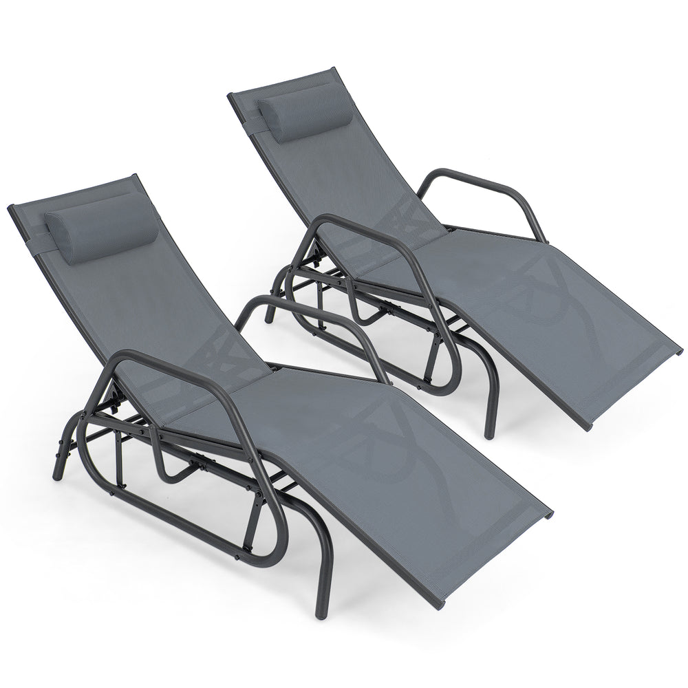 Gray outdoor chaise lounge glider chairs with adjustable backrests, armrests, and removable pillows for family comfort.