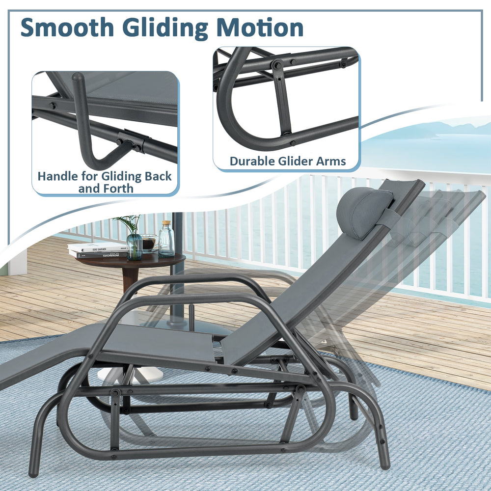 Gray outdoor chaise lounge glider chair with adjustable backrest, armrests, and pillow for comfortable relaxation.