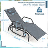 Gray outdoor chaise lounge glider chair with adjustable backrest, armrests, and pillow, suitable for family use.