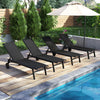 Set of four black patio chaise lounge chairs with wheels and adjustable backrests, perfect for poolside relaxation.