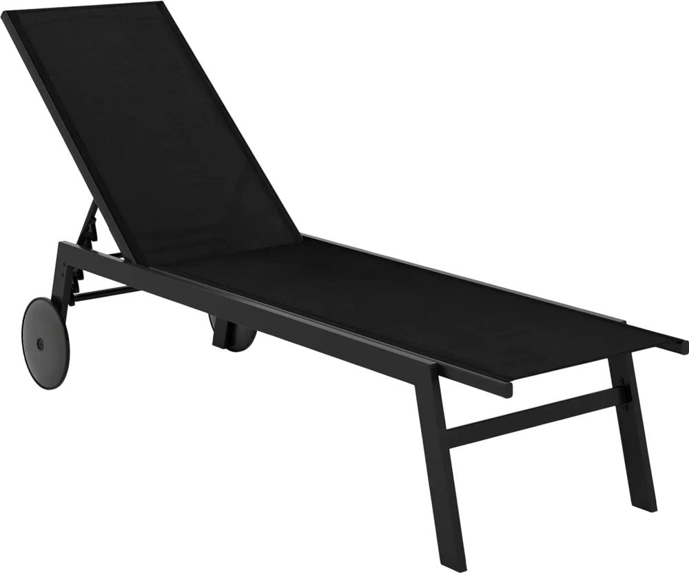 Black patio chaise lounge chair with wheels, 6-level adjustable backrest, perfect for poolside or backyard relaxation.