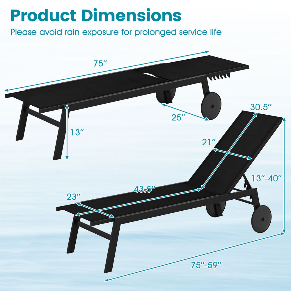 Patio chaise lounge chair with wheels, 6-level adjustable backrest, sturdy metal construction, ideal for outdoor.